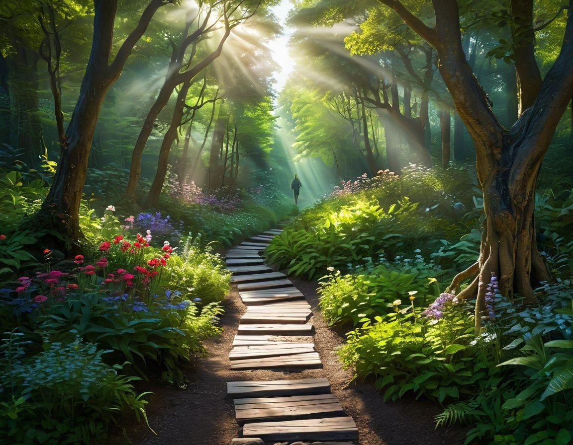 A serene pathway winding through a lush green forest, symbolizing growth and transformation. Along the path, vibrant flowers bloom, representing positive mindset shifts, while soft rays of sunlight filter through the trees, illuminating the way. A meditative figure sits at the path's end, embodying tranquility and bliss. super-realistic. vibrant colors. ethereal lighting.