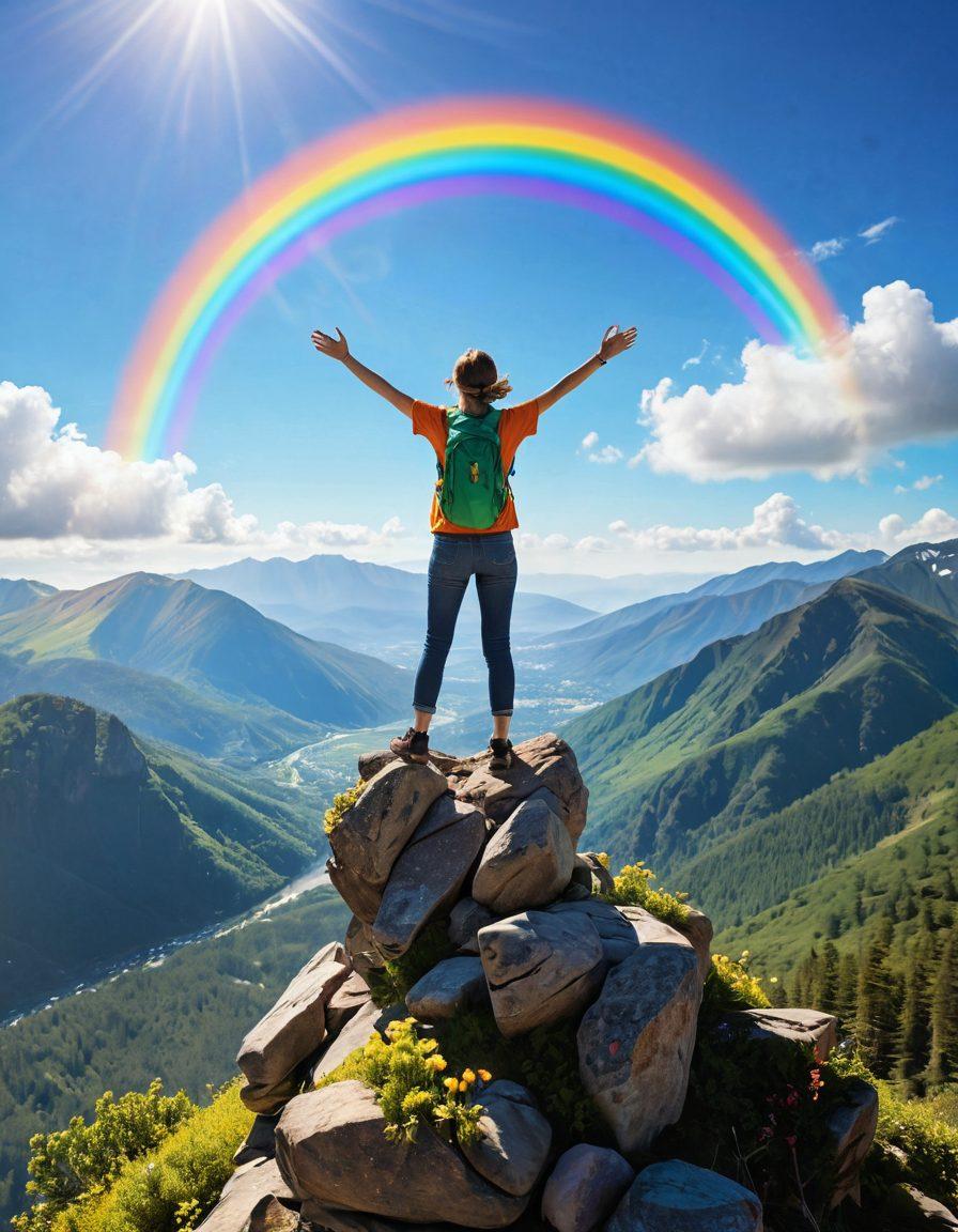 A vibrant, smiling person standing atop a mountain peak, arms outstretched towards a bright sun and clear blue sky, surrounded by floating icons symbolizing happiness (like hearts, laughter, and sunshine). The scene exudes warmth and positivity, with lush green landscapes below. Include a rainbow arcing in the background to represent joy. super-realistic. vibrant colors. white background.